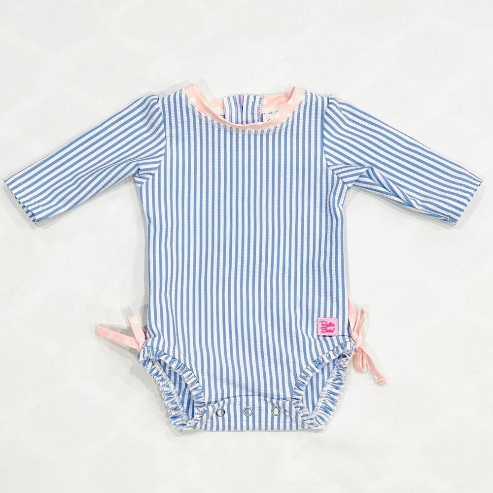 NWOT Ruffle Butts Infant/Newborn One Piece Seersucker Rashguard Swimsuit